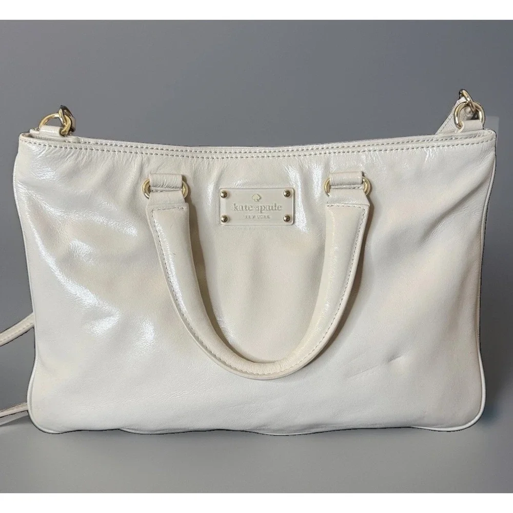Kate Spade Fanfare Brette Cream Glazed Leather Crossbody Satchel Purse PXRU3017